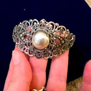 Ornate silver pearl bangle bracelet